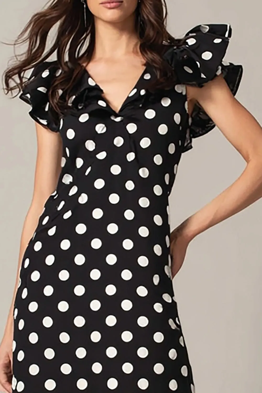 Black White Dot A Line V-Neck Long Formal Dress with Ruffles sold by Zapaka product image thumbnail 3
