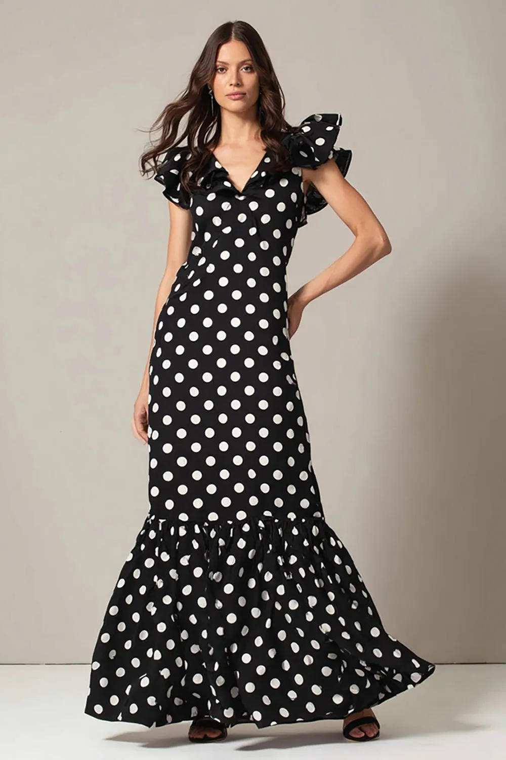 Black White Dot A Line V-Neck Long Formal Dress with Ruffles sold by Zapaka