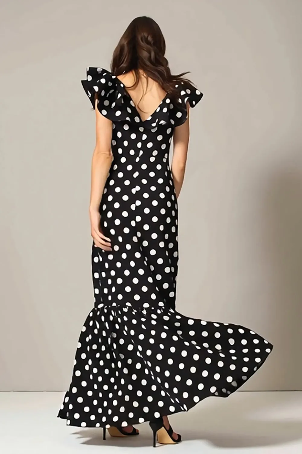 Black White Dot A Line V-Neck Long Formal Dress with Ruffles sold by Zapaka product image thumbnail 2