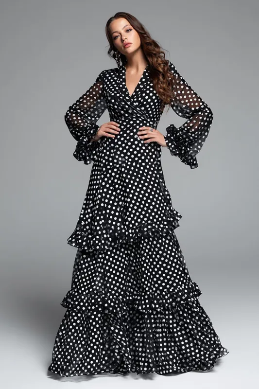 Black White Dot A Line Ruffled Long Formal Dress with Sleeves made by Zapaka