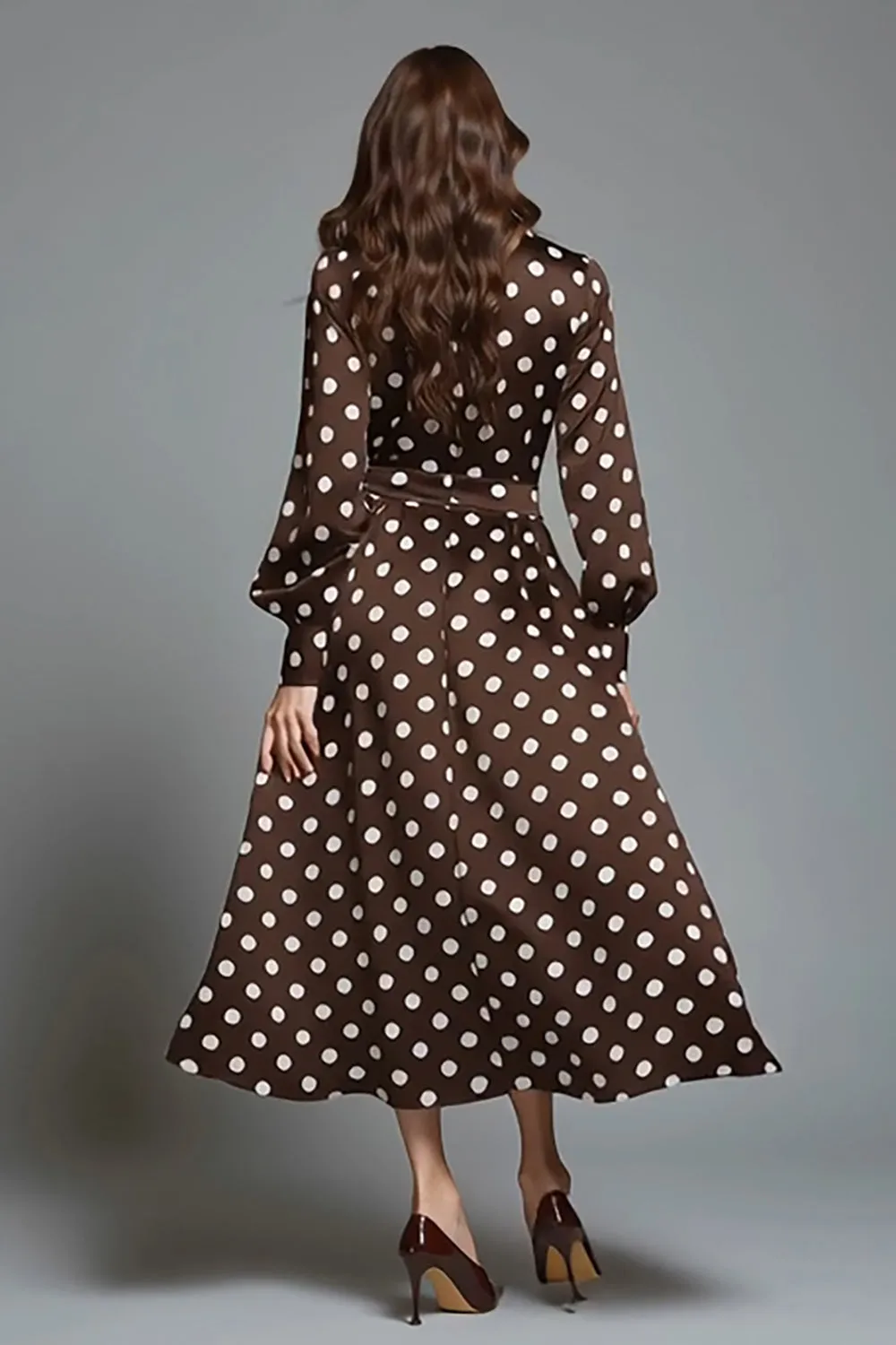 Dark Brown White Dot A Line Round Neck Formal Dress with Sleeves sold by Zapaka product image thumbnail 2