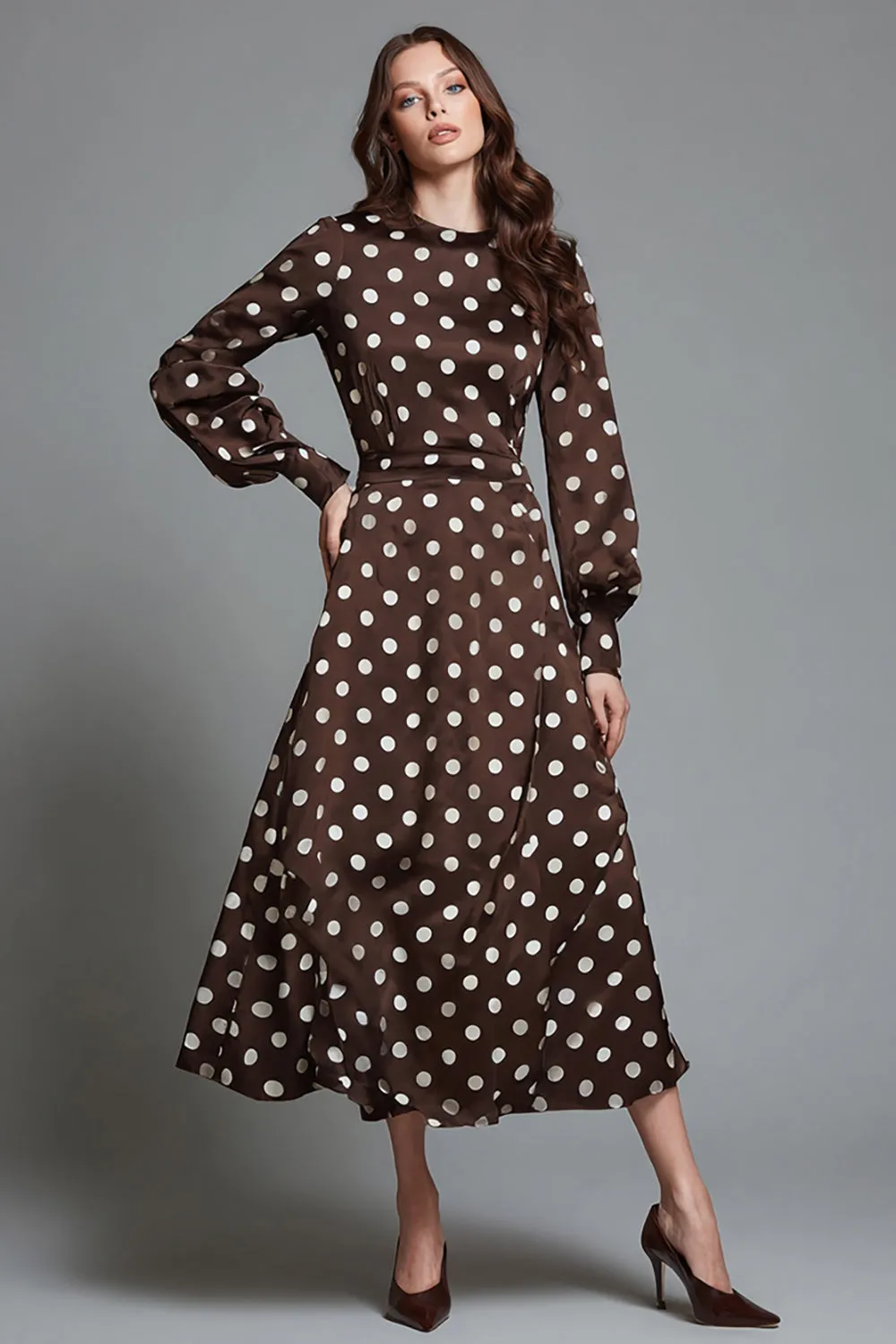 Dark Brown White Dot A Line Round Neck Formal Dress with Sleeves sold by Zapaka