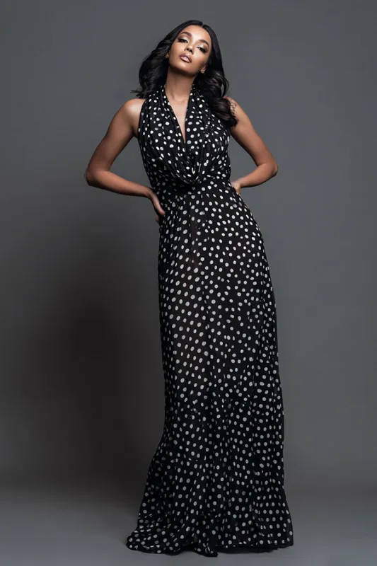 Black White Dot A Line Halter Long Formal Dress made by Zapaka