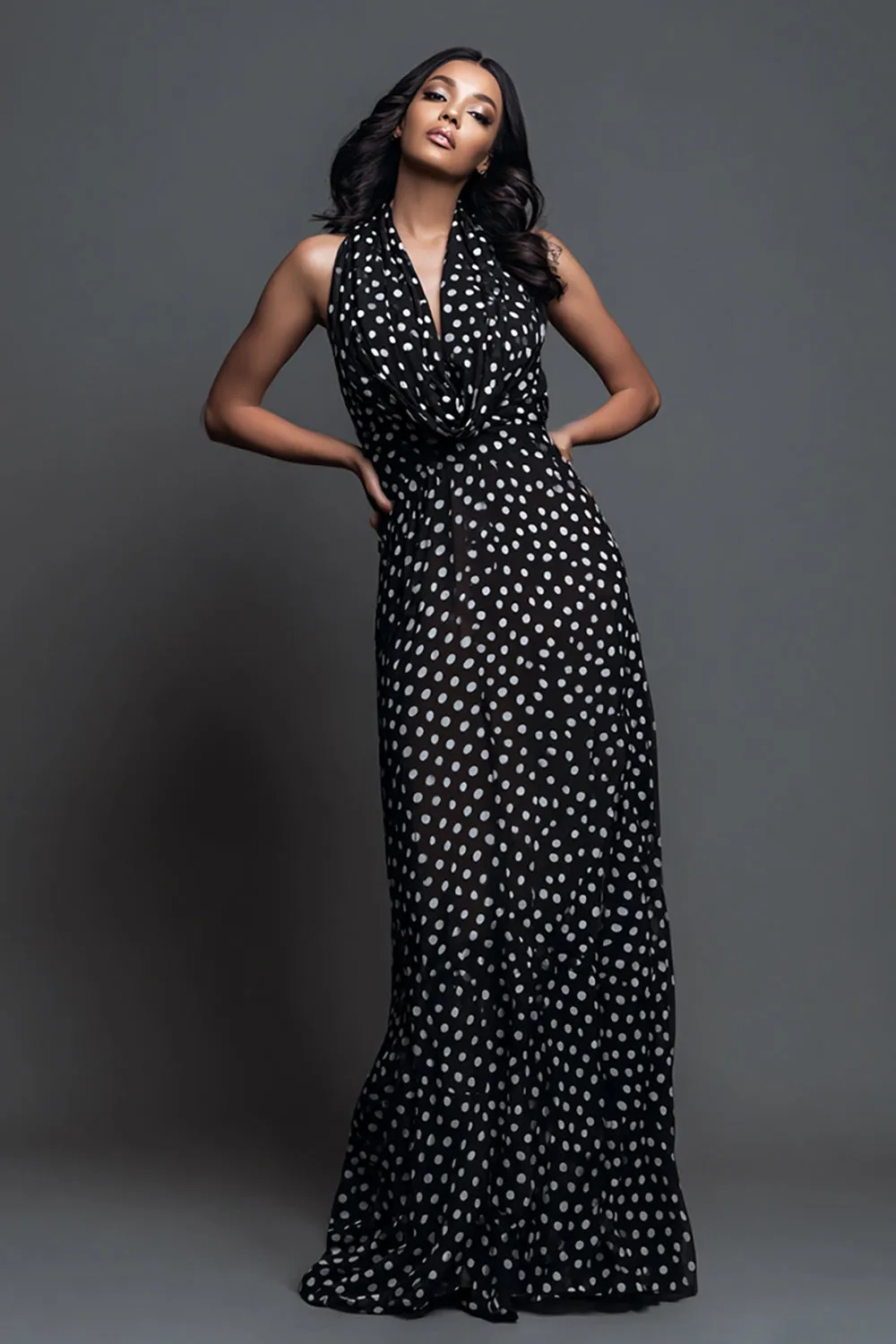 Black White Dot A Line Halter Long Formal Dress sold by Zapaka