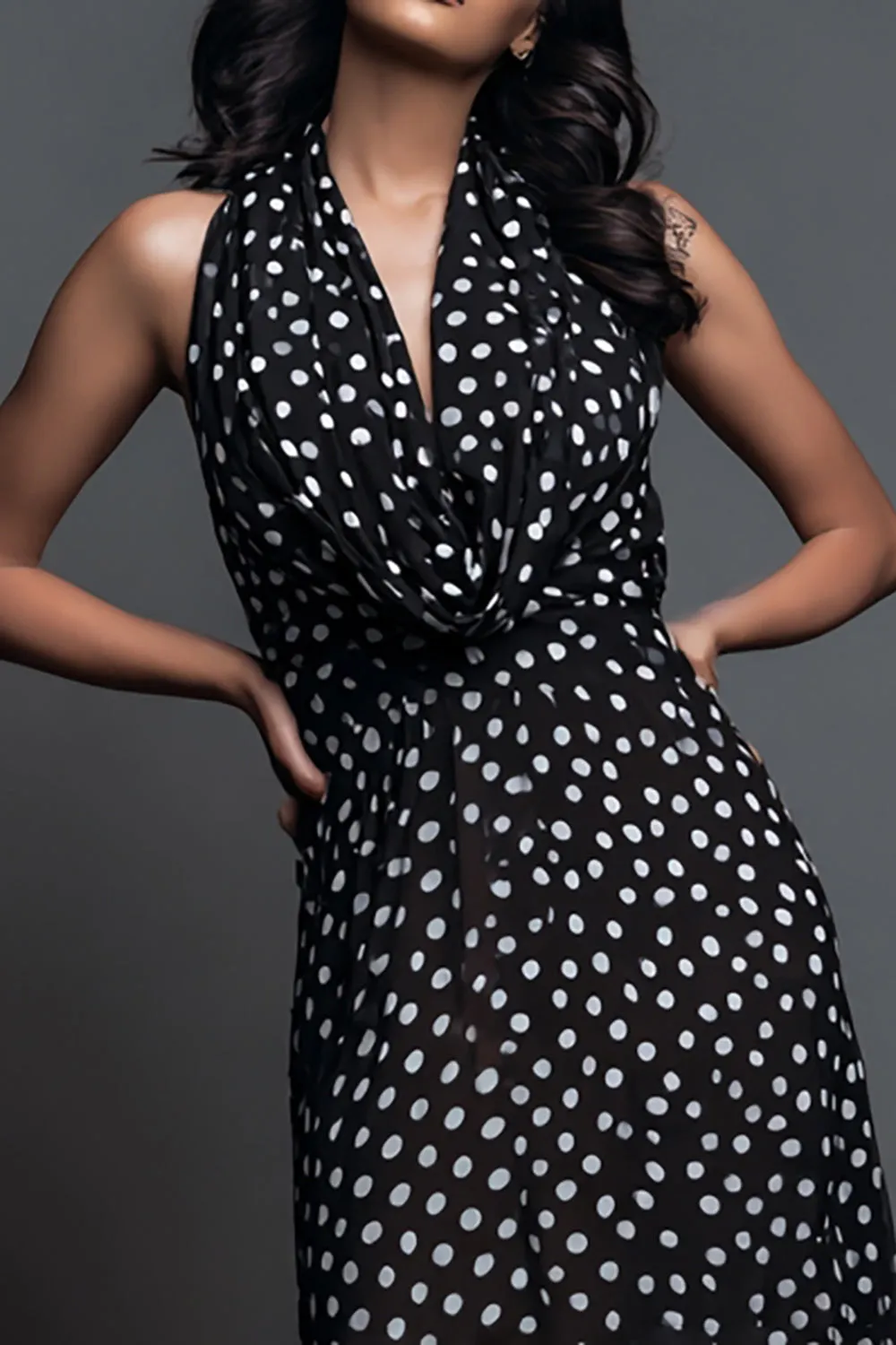 Black White Dot A Line Halter Long Formal Dress sold by Zapaka product image thumbnail 2