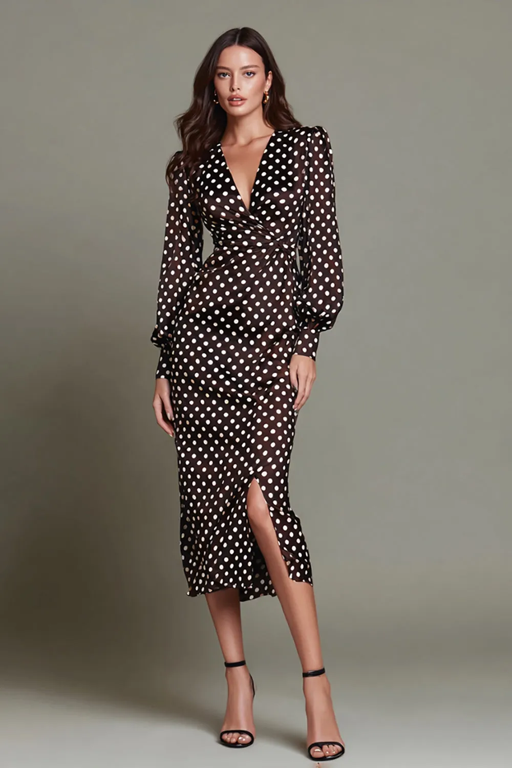 Dark Brown White Dot V-Neck Bodycon Formal Dress with Slit sold by Zapaka