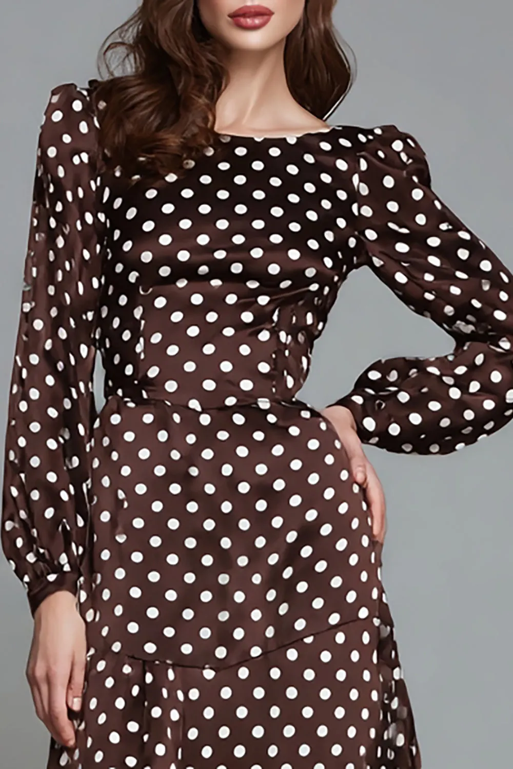 Dark Brown White Dot Boat Neck A Line Long Formal Dress with Sleeves sold by Zapaka product image thumbnail 2