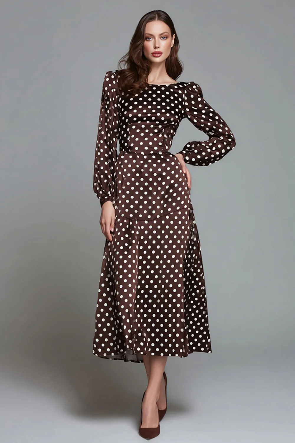 Dark Brown White Dot Boat Neck A Line Long Formal Dress with Sleeves sold by Zapaka