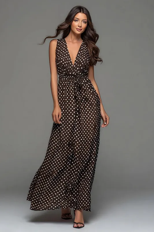 Dark Brown White Dot A Line Long Formal Dress with Sash made by Zapaka