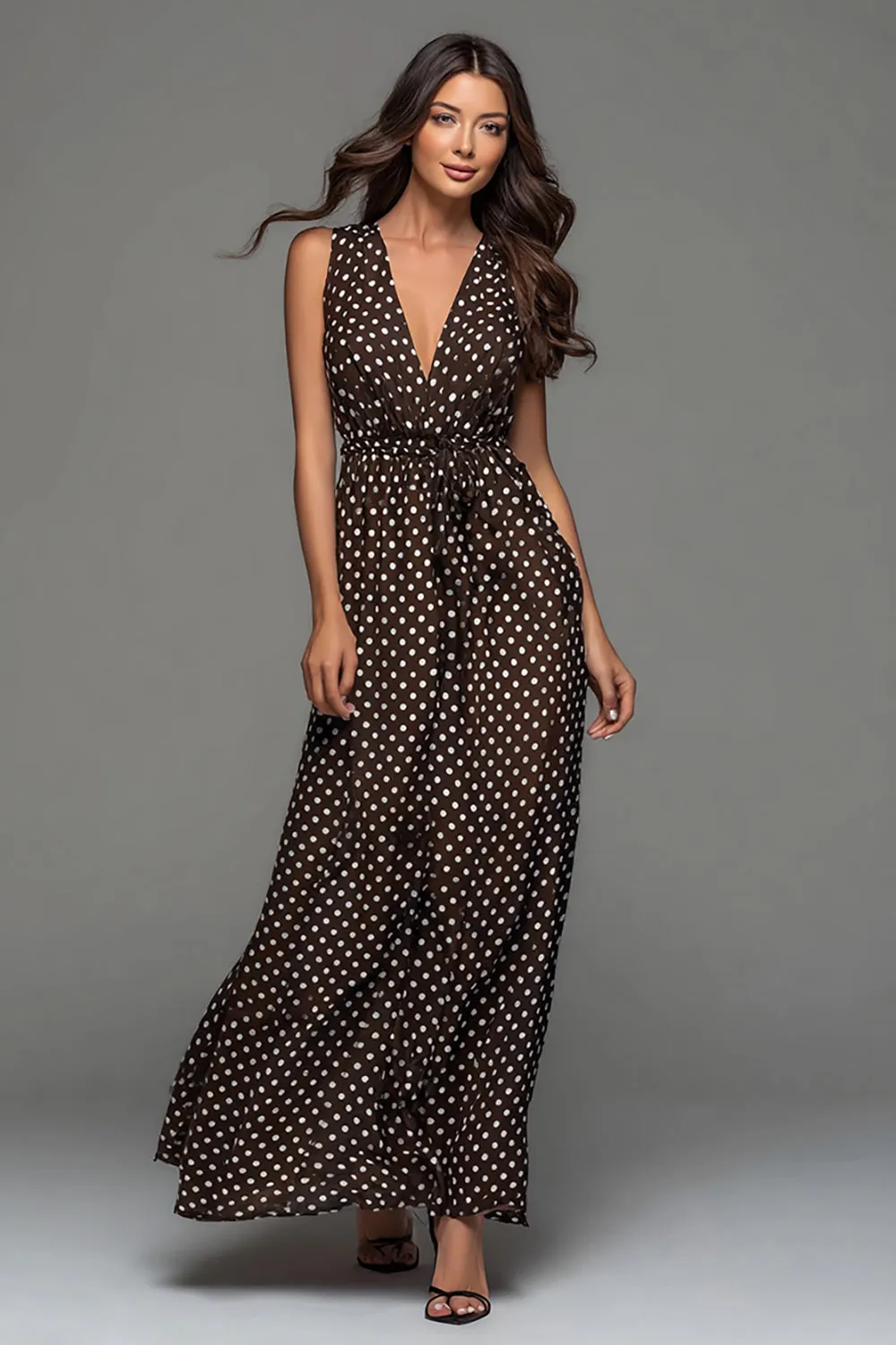 Dark Brown White Dot A Line Long Formal Dress with Sash sold by Zapaka