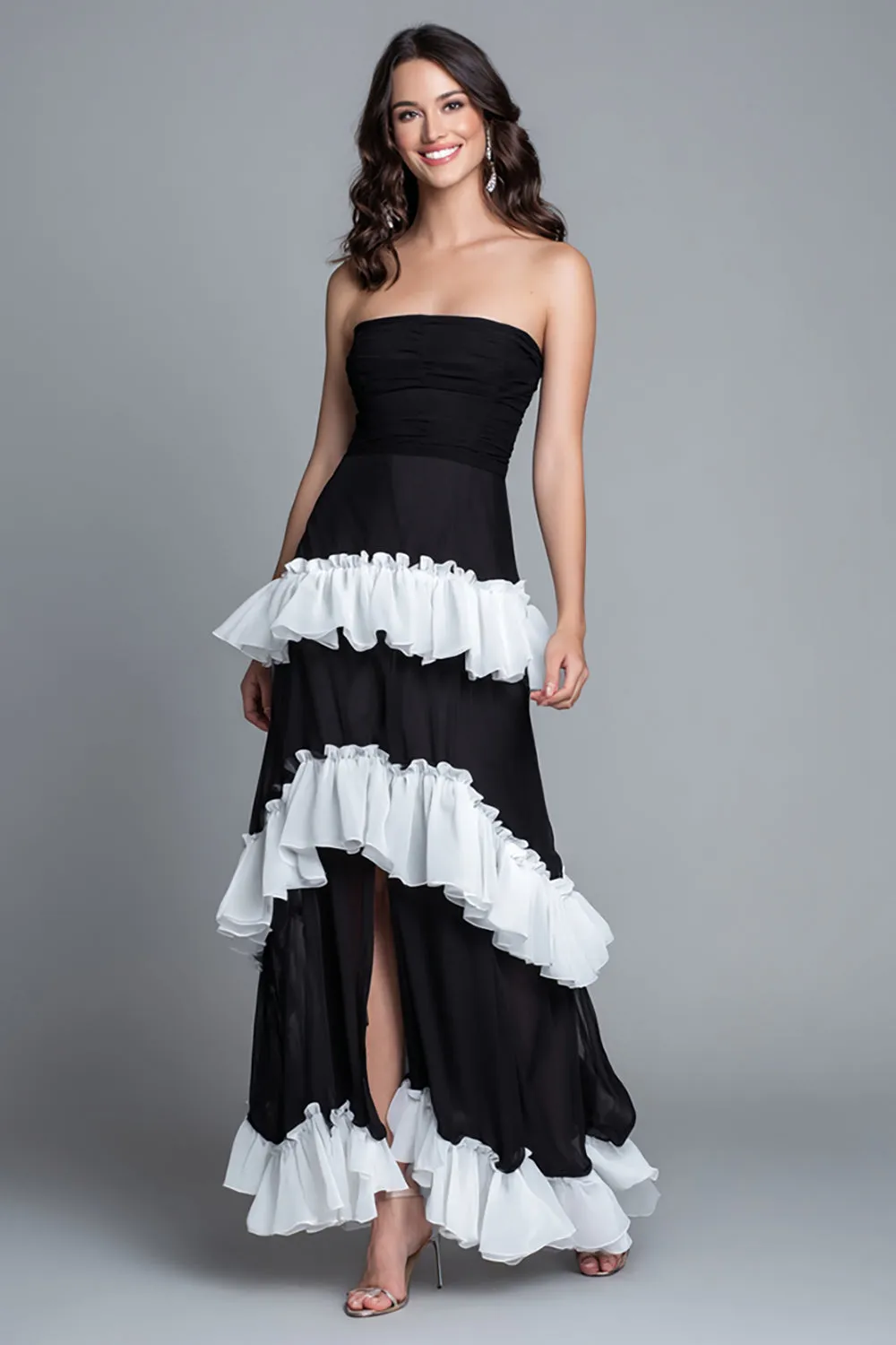 Black and White Sheath Ruffled Strapless Long Formal Dress with Slit sold by Zapaka