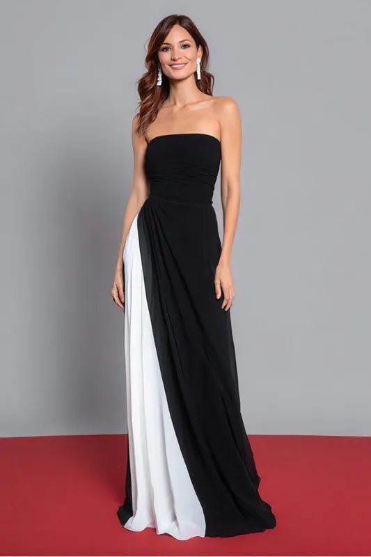 Black and White Sheath Strapless Ruched Long Formal Dress sold by Zapaka