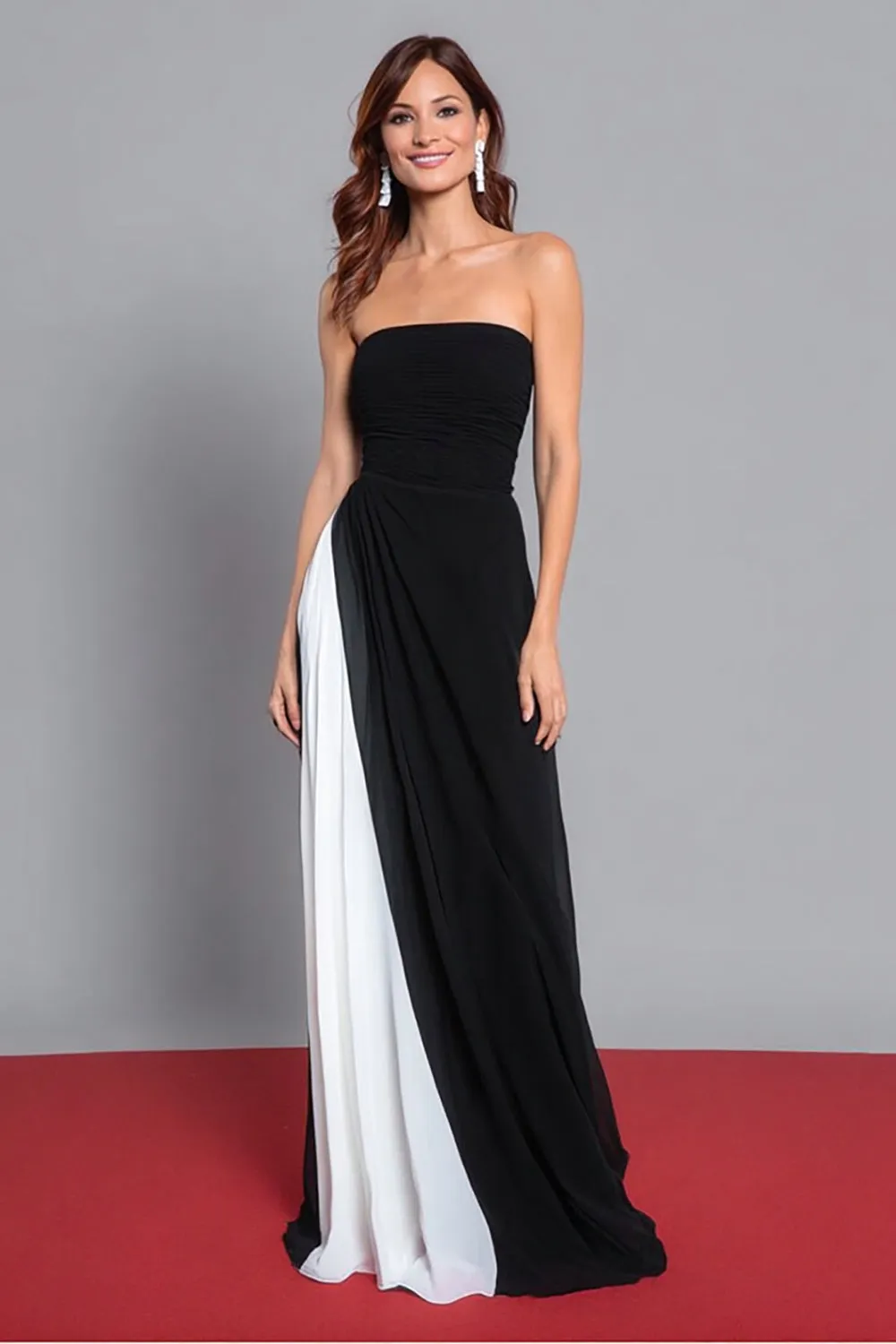 Black and White Sheath Strapless Ruched Long Formal Dress sold by Zapaka