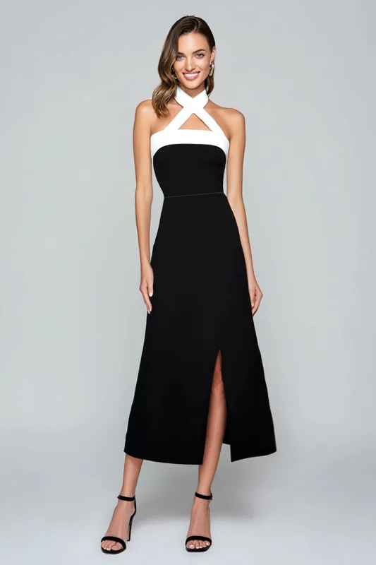 Black and White Sheath Halter Long Formal Dress with Slit sold by Zapaka