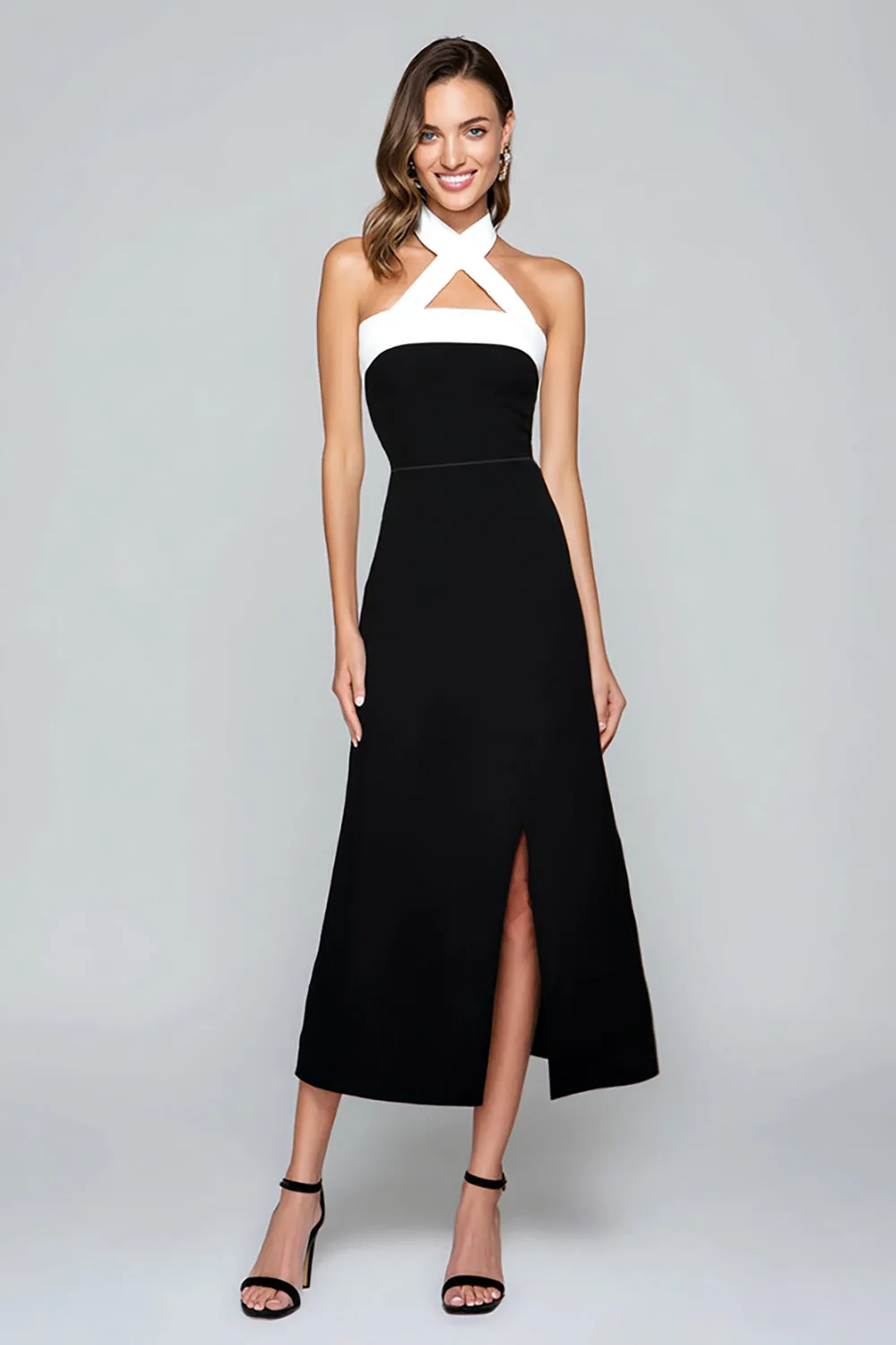 Black and White Sheath Halter Long Formal Dress with Slit sold by Zapaka