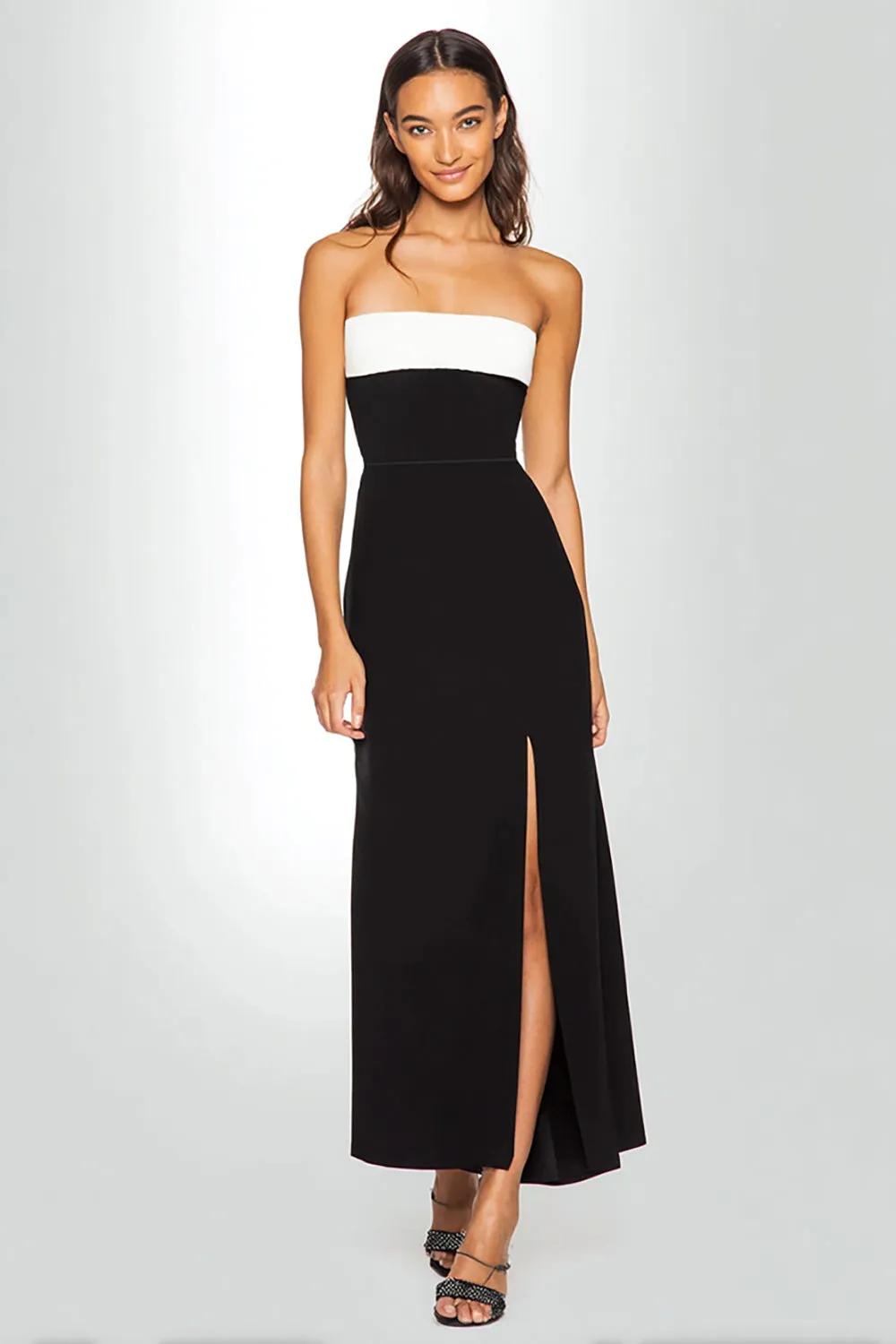 Sheath Black and White Strapless Long Formal Dress with Slit sold by Zapaka