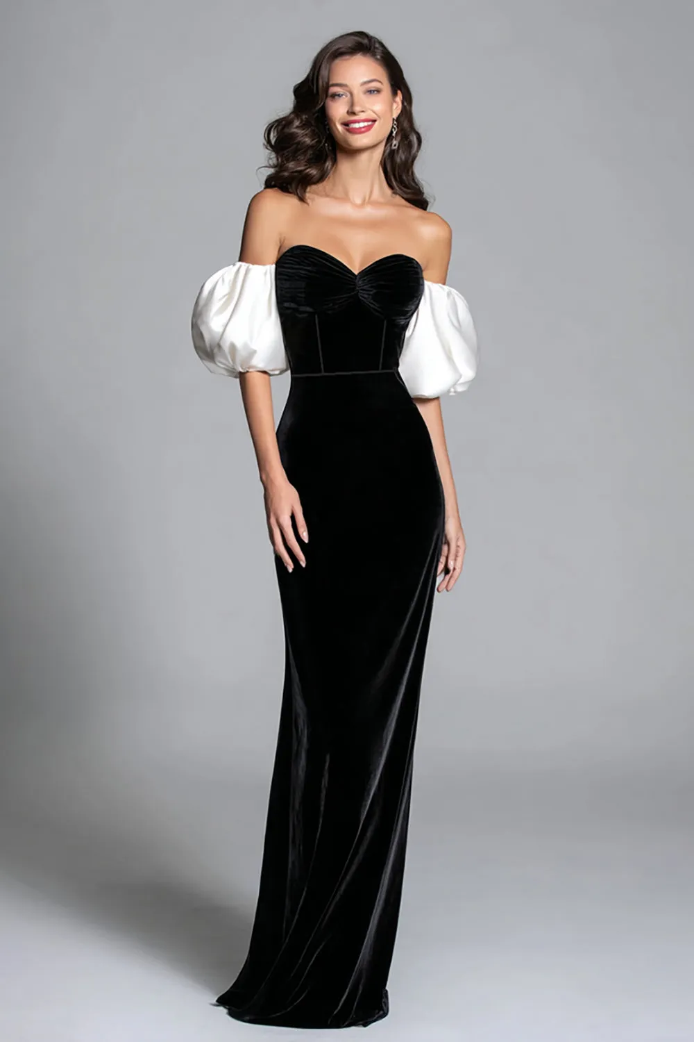 Black and White Mermaid Velvet Corset Long Formal Dress with Sleeves sold by Zapaka
