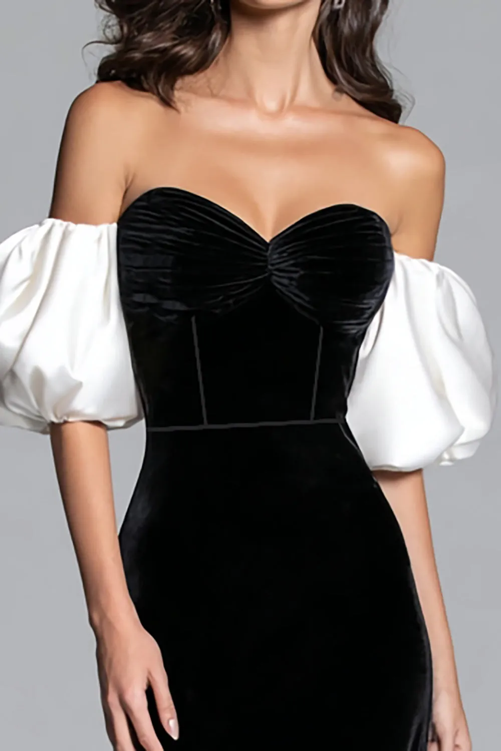 Black and White Mermaid Velvet Corset Long Formal Dress with Sleeves sold by Zapaka product image thumbnail 2
