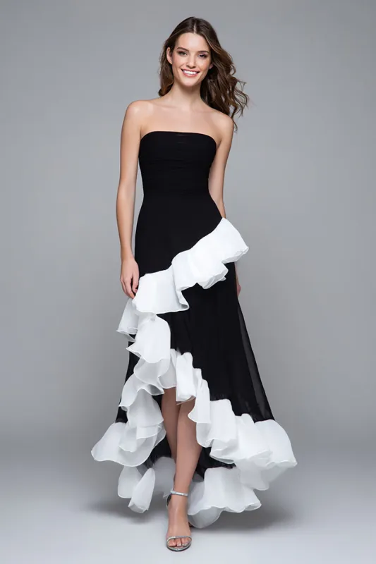 Black and White Sheath Ruffled Strapless Long Formal Dress sold by Zapaka