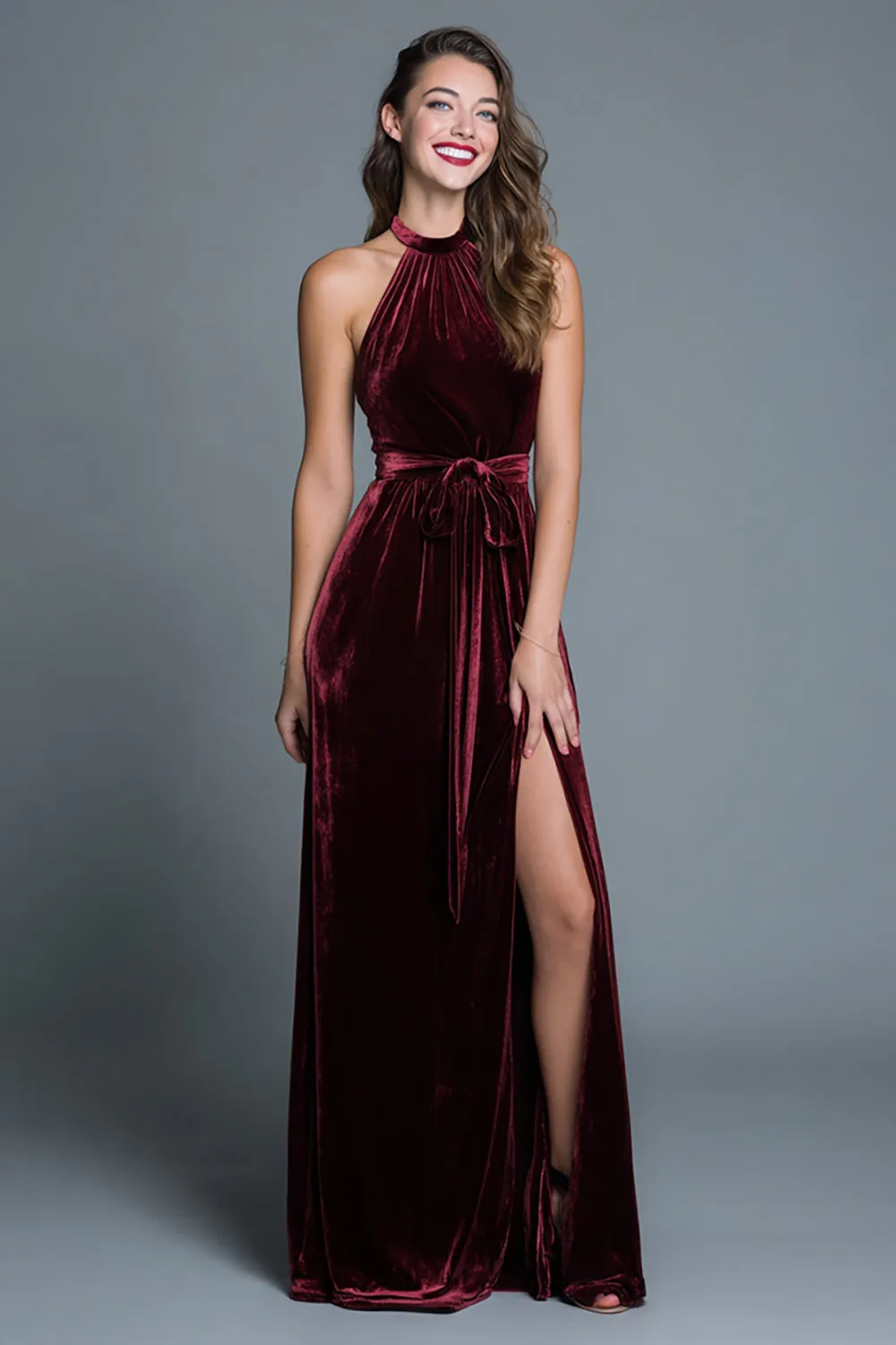 Burgundy Velvet Halter A Line Formal Dress with Slit sold by Zapaka