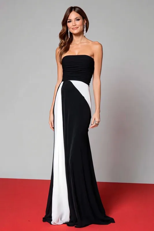 Black and White Ruched Mermaid Strapless Long Formal Dress sold by Zapaka