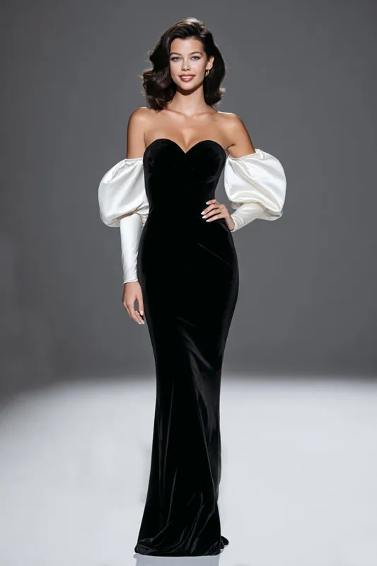 Black and White Mermaid Sweetheart Velvet Long Formal Dress with Sleeves sold by Zapaka