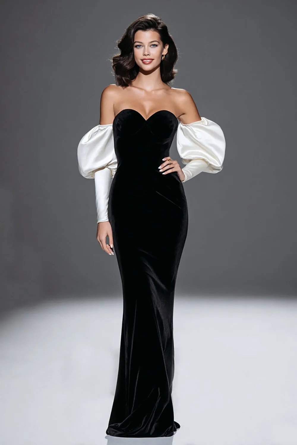 Black and White Mermaid Sweetheart Velvet Long Formal Dress with Sleeves sold by Zapaka