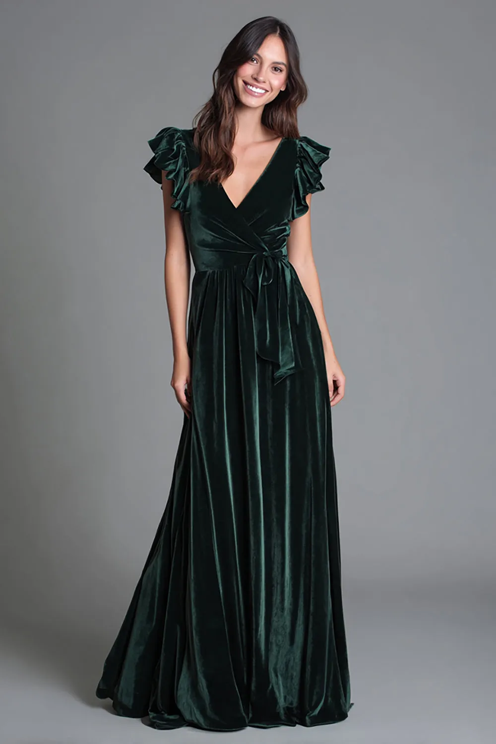 Dark Green V-Neck A-Line Velvet Long Formal Dress with Ruffles sold by Zapaka