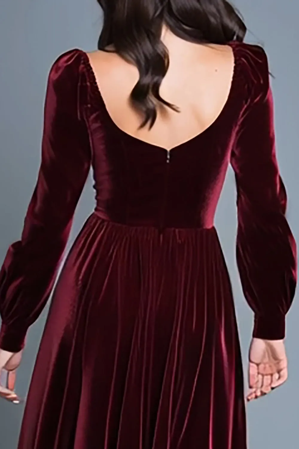 Burgundy Long Sleeves A-Line Velvet Long Formal Dress with Slit sold by Zapaka product image thumbnail 4