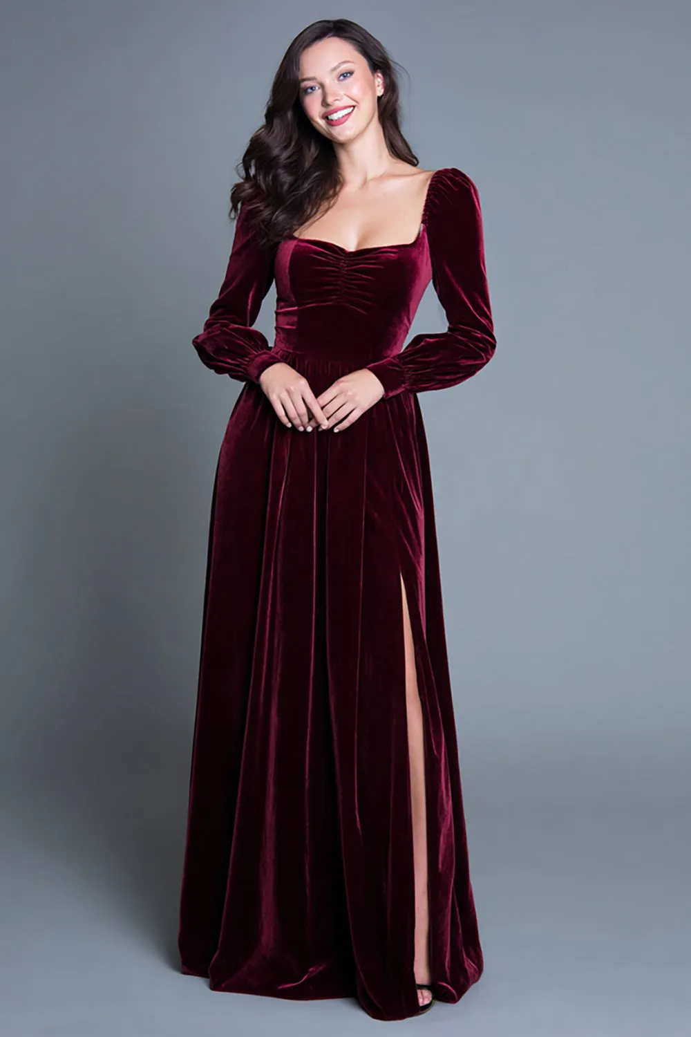 Burgundy Long Sleeves A-Line Velvet Long Formal Dress with Slit sold by Zapaka