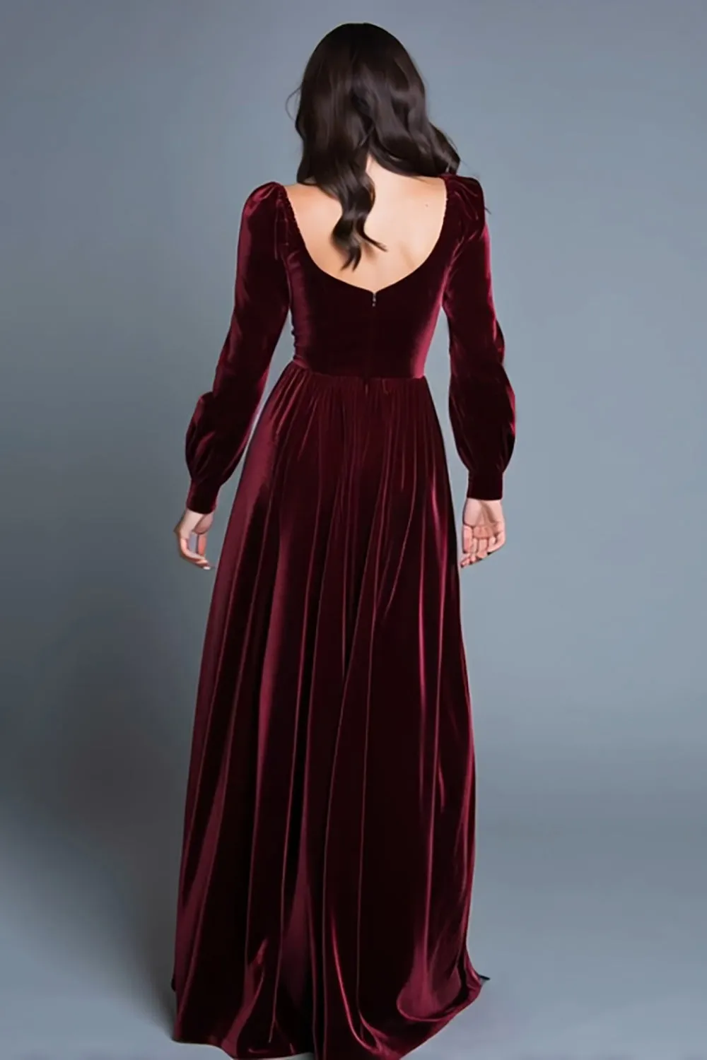 Burgundy Long Sleeves A-Line Velvet Long Formal Dress with Slit sold by Zapaka product image thumbnail 2