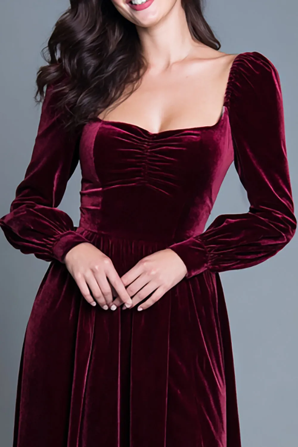 Burgundy Long Sleeves A-Line Velvet Long Formal Dress with Slit sold by Zapaka product image thumbnail 3