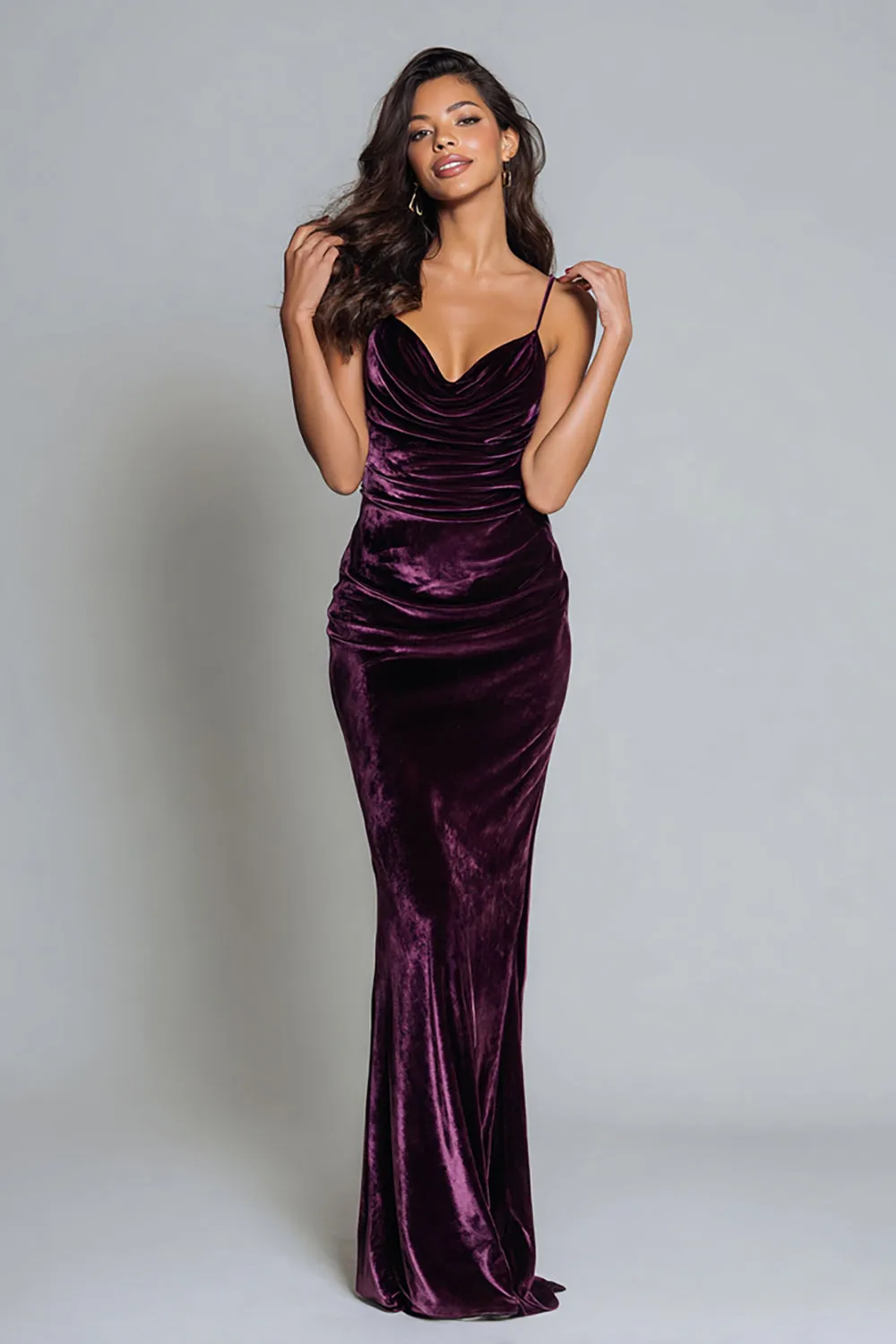 Plum Velvet Spaghetti Straps Sheath Ruched Formal Dress sold by Zapaka