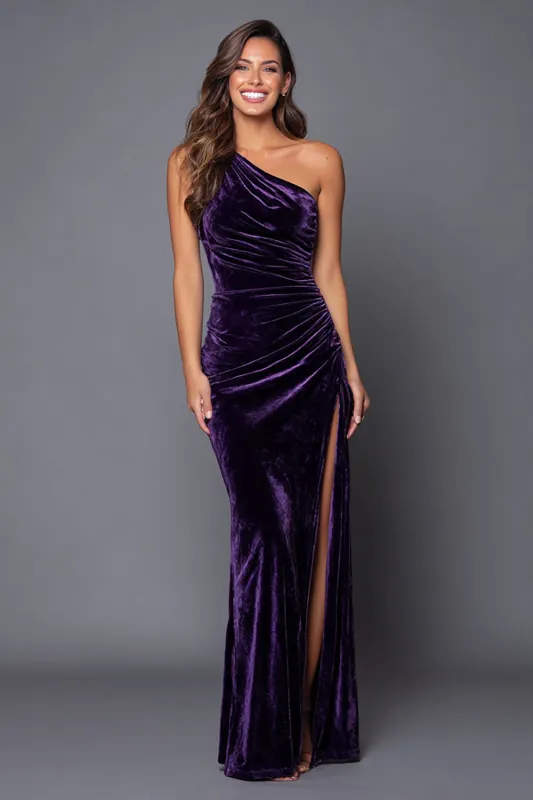 Plum One Shoulder Mermaid Velvet Long Formal Dress with Slit sold by Zapaka