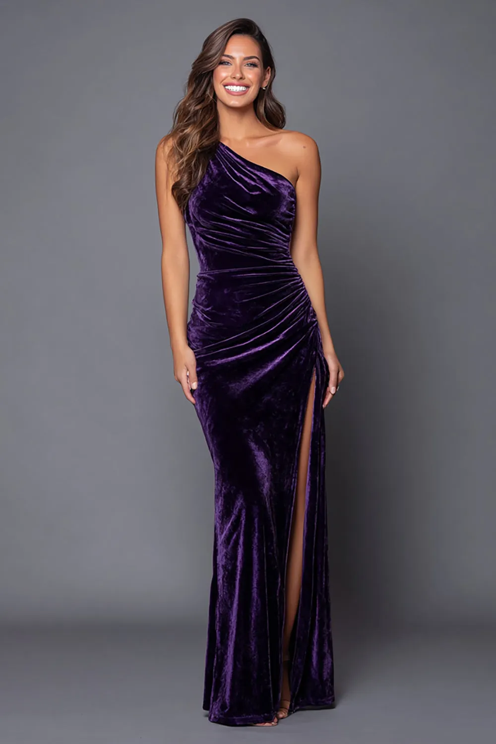 Plum One Shoulder Mermaid Velvet Long Formal Dress with Slit sold by Zapaka