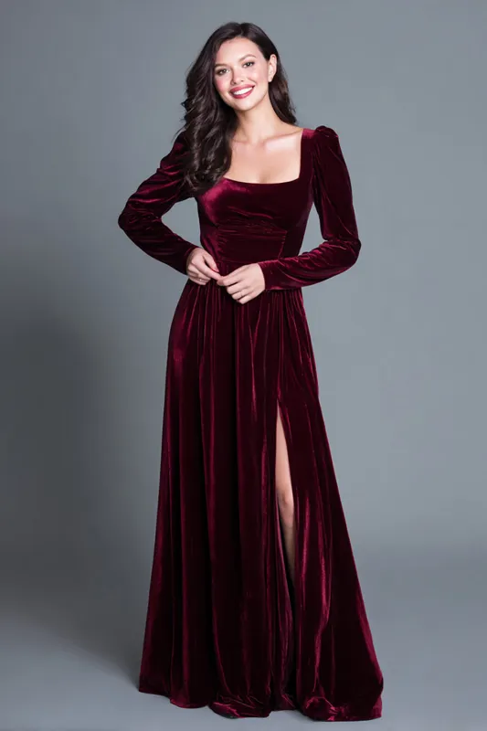 Square Neck Burgundy A Line Vlevet Formal Dress with Slit sold by Zapaka