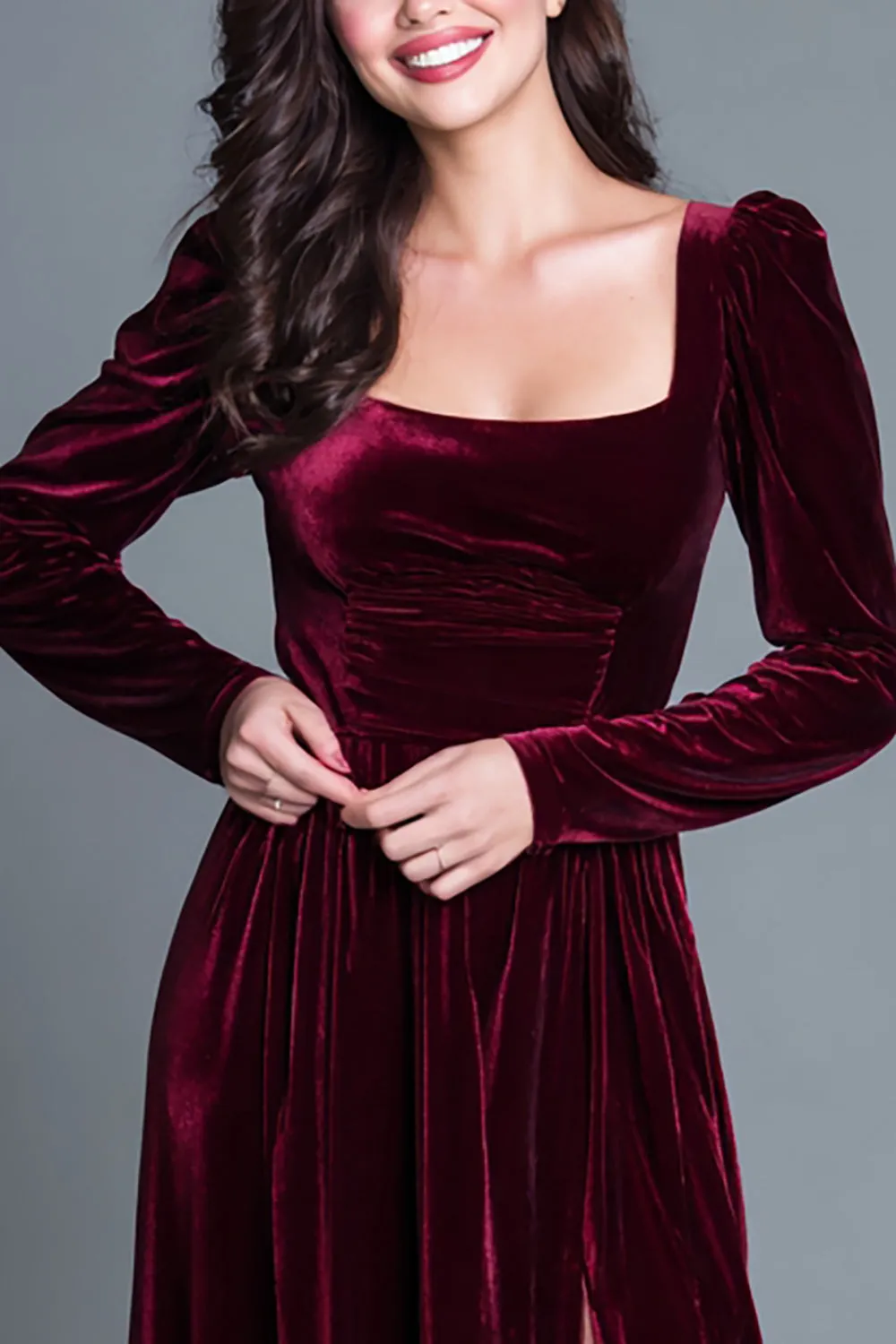 Square Neck Burgundy A Line Vlevet Formal Dress with Slit sold by Zapaka product image thumbnail 2