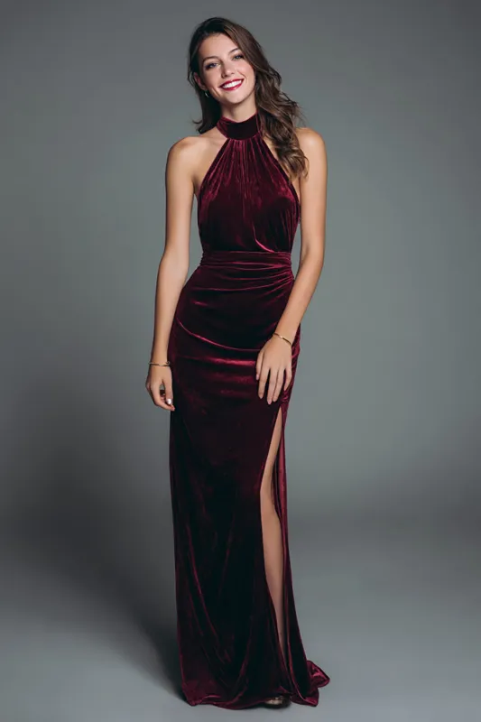 Halter Burgundy Velvet Sheath Ruched Formal Dress with Slit sold by Zapaka