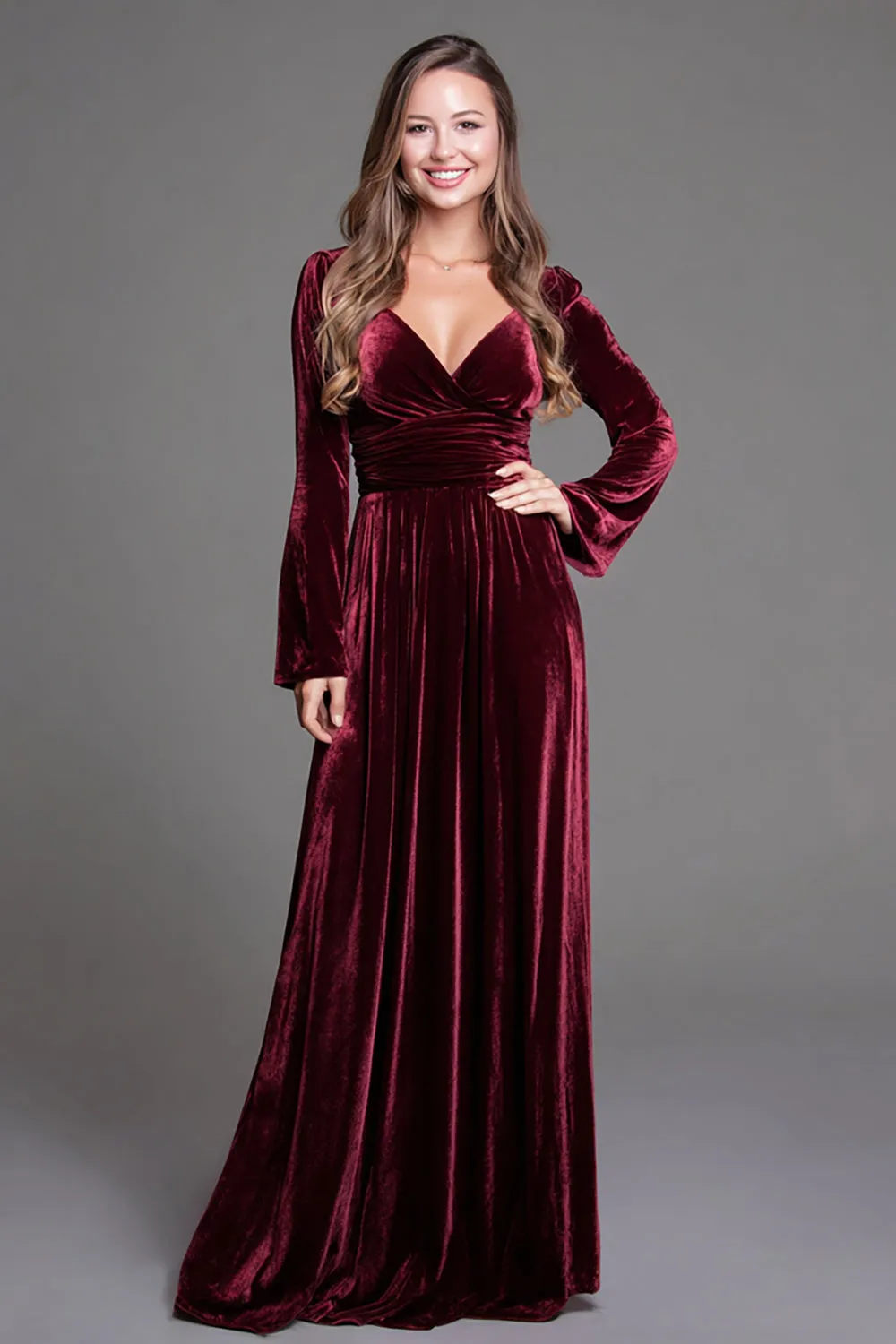 V Neck Burgundy Velvet A Line Formal Dress with Slit sold by Zapaka