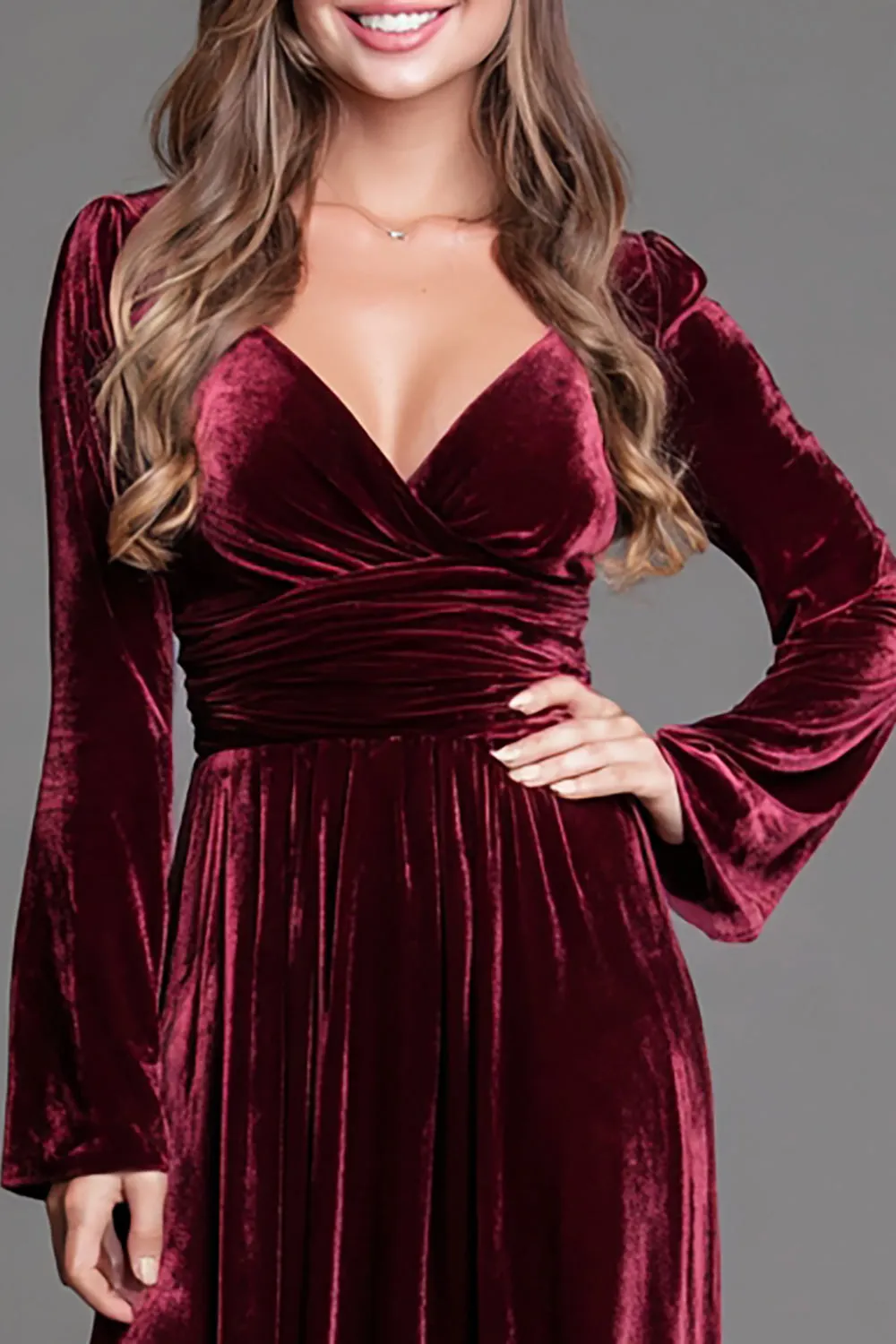 V Neck Burgundy Velvet A Line Formal Dress with Slit sold by Zapaka product image thumbnail 2