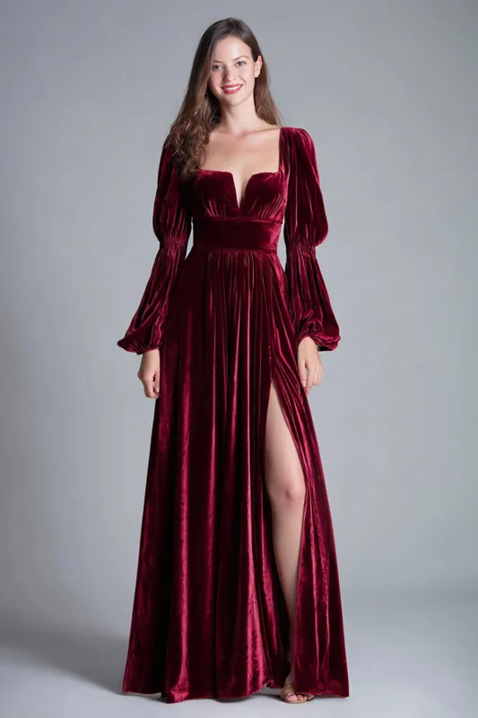 Burgundy Velvet Square Neck A Line Formal Dress with Slit sold by Zapaka