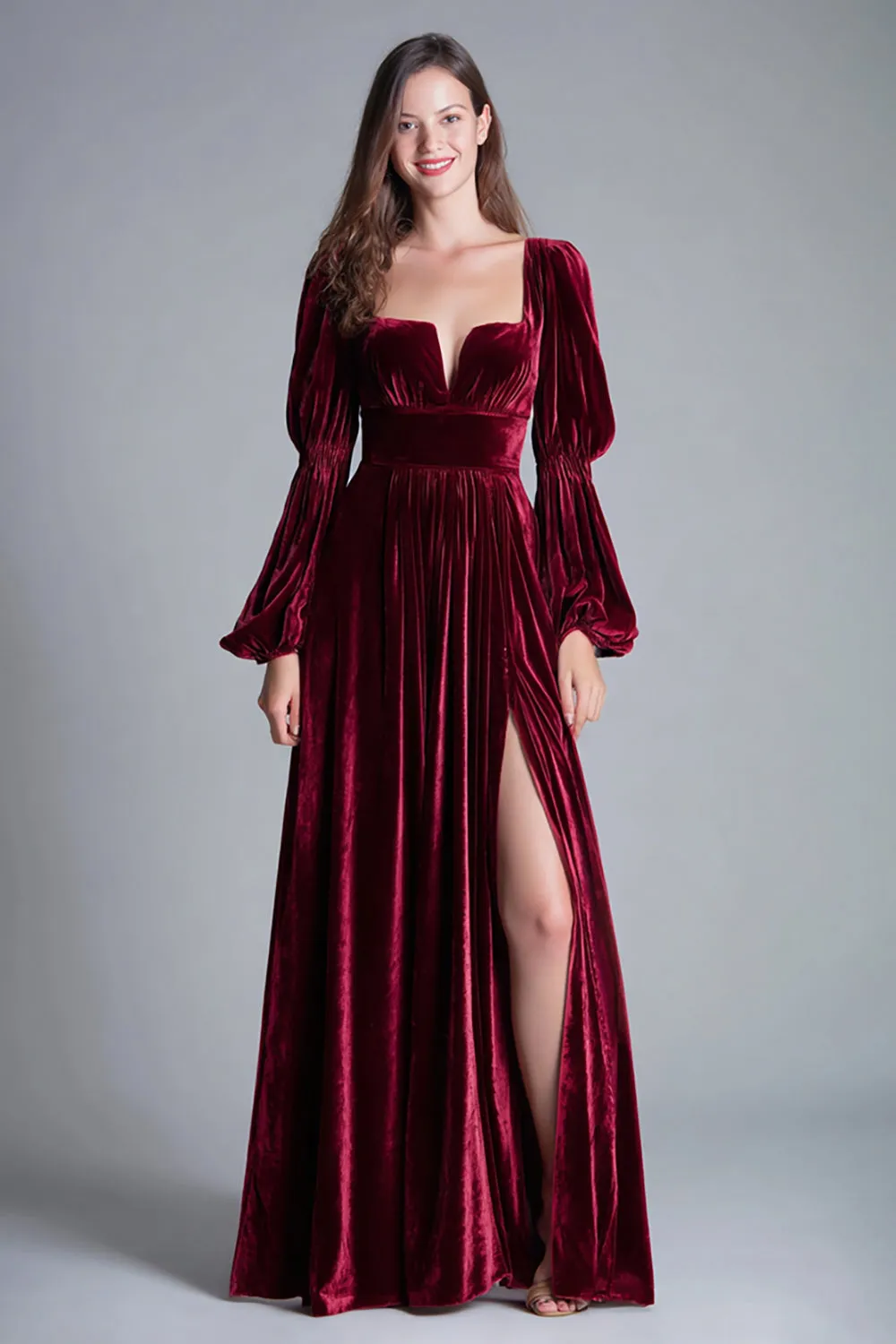 Burgundy Velvet Square Neck A Line Formal Dress with Slit sold by Zapaka