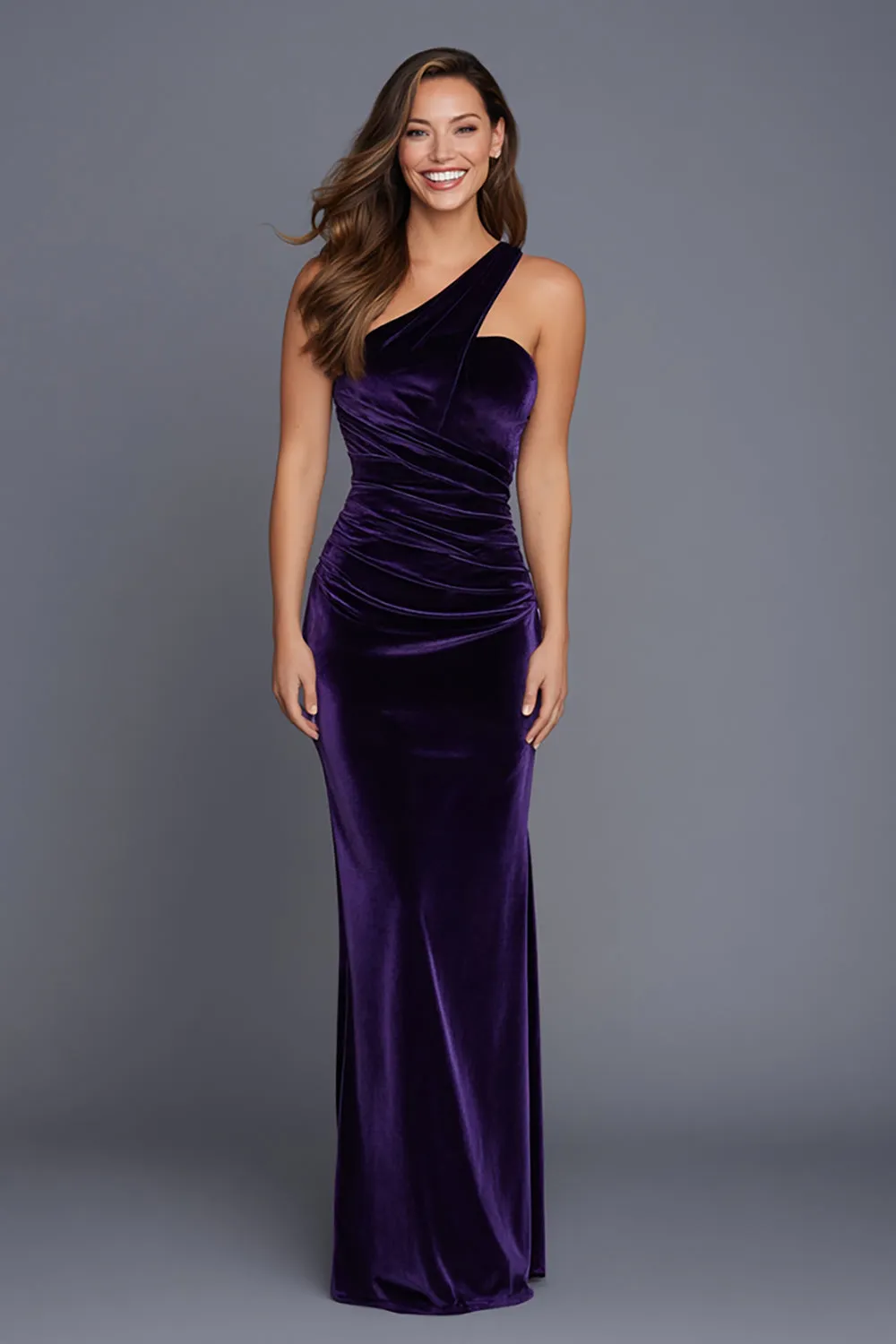 Plum One Shoulder Velvet Ruched Sheath Formal Dress sold by Zapaka
