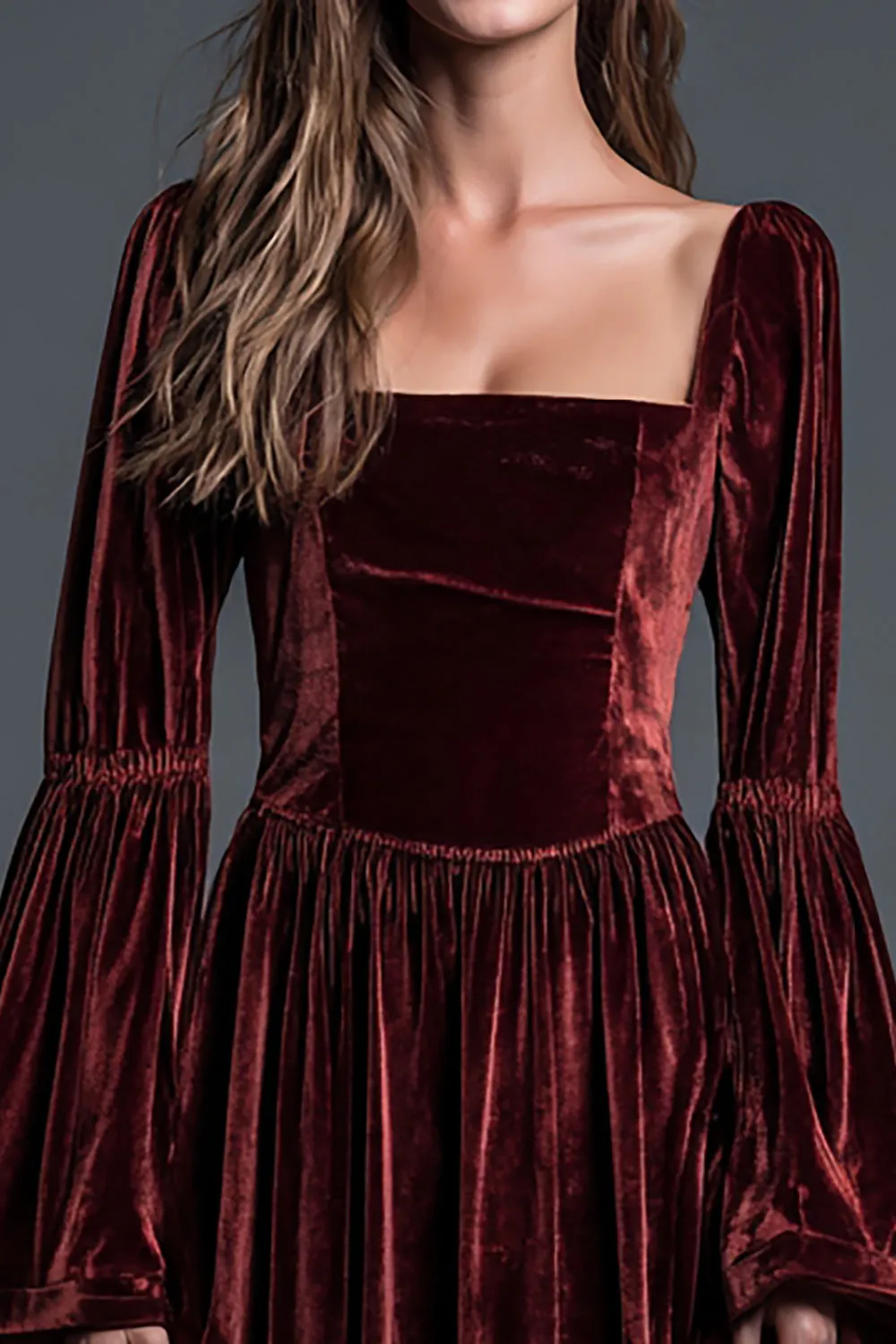 Velvet Square Neck Burgundy A Line Formal Dress with Long Sleeves sold by Zapaka product image thumbnail 2