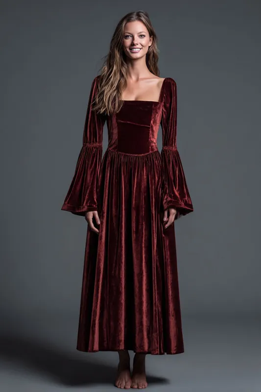 Velvet Square Neck Burgundy A Line Formal Dress with Long Sleeves sold by Zapaka