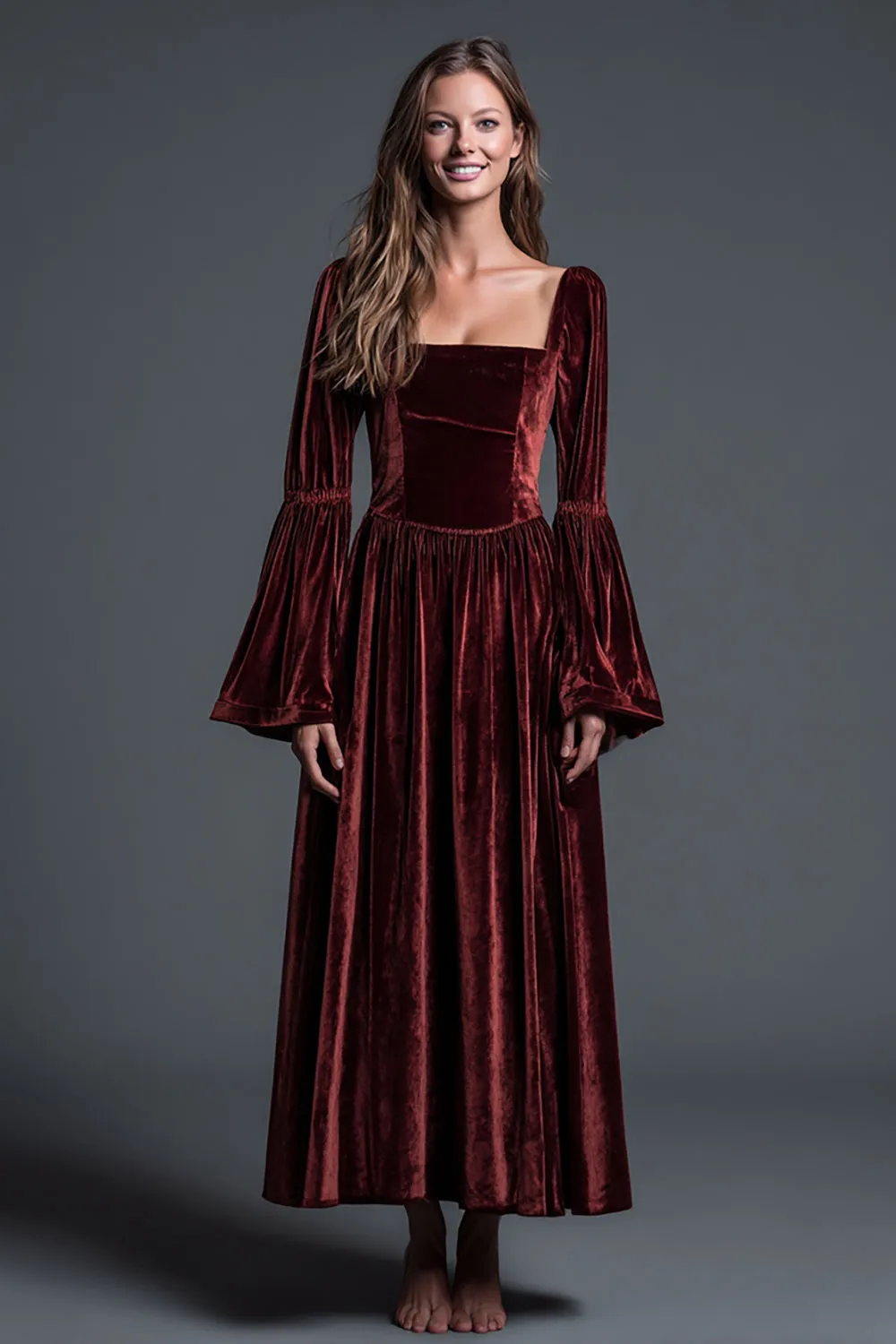 Velvet Square Neck Burgundy A Line Formal Dress with Long Sleeves sold by Zapaka