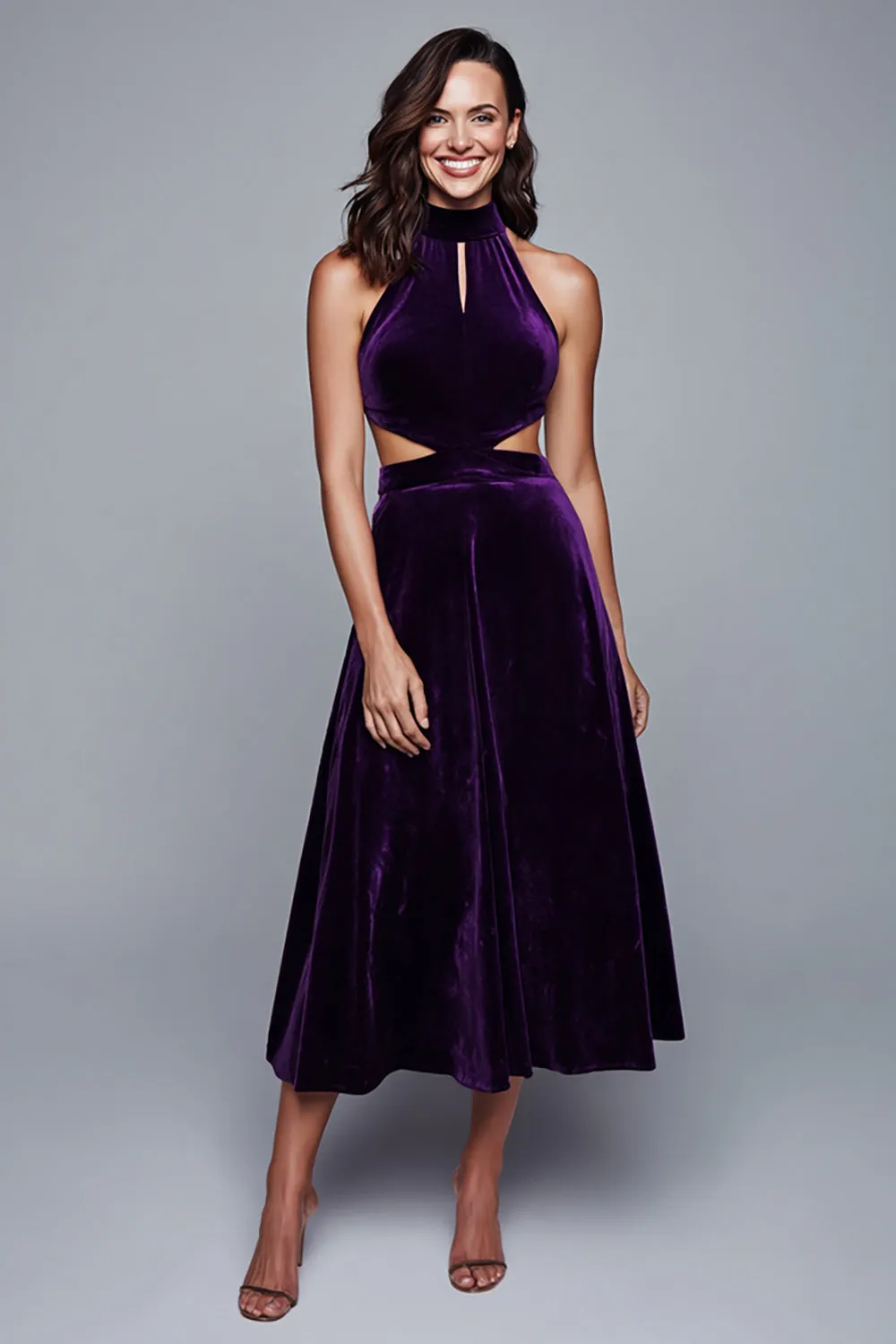 Plum Halter Cut Out A Line Velvet Formal Dress sold by Zapaka