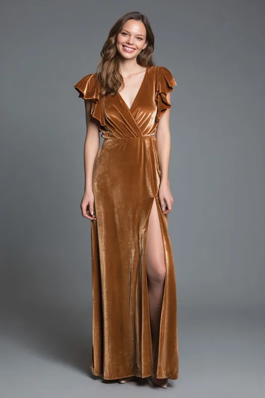 Brown Velvet A Line Slit Long Formal Dress with Ruffled Sleeves sold by Zapaka