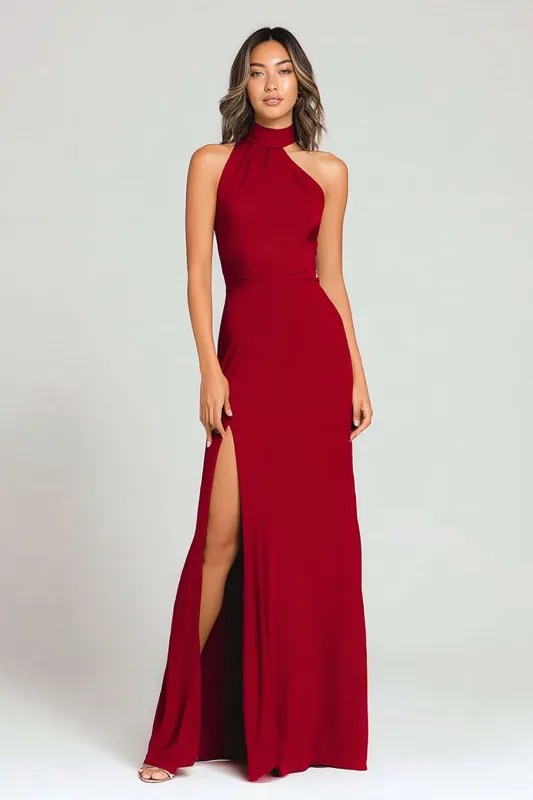 Burgundy Crepe Sheath Halter Long Formal Dress with Slit sold by Zapaka