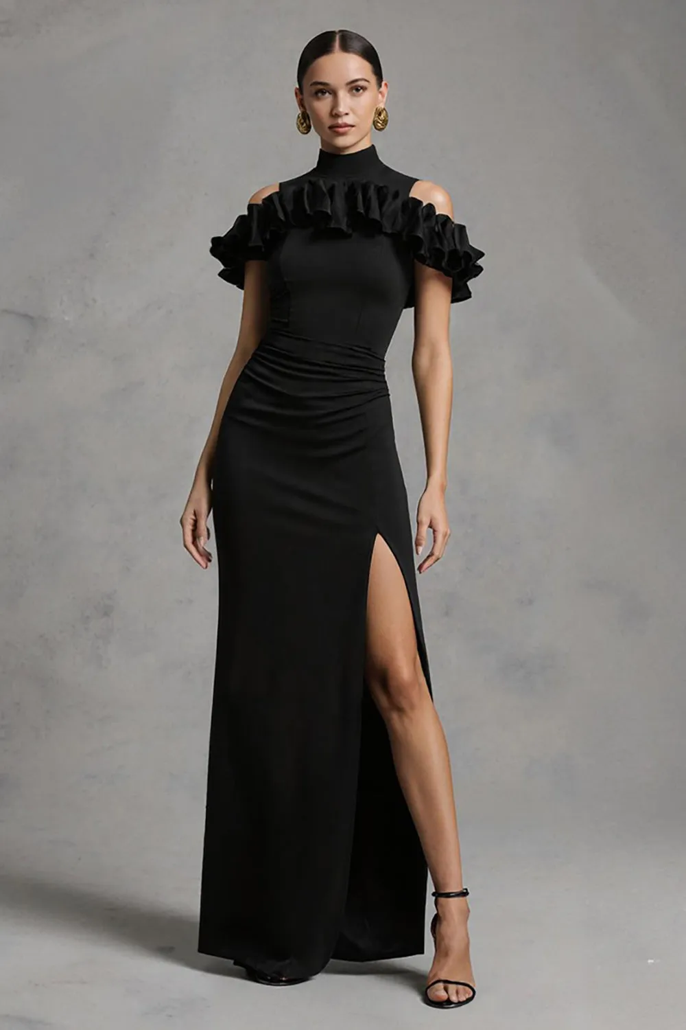 Black Sheath Satin High Neck Long Formal Dress with Slit sold by Zapaka